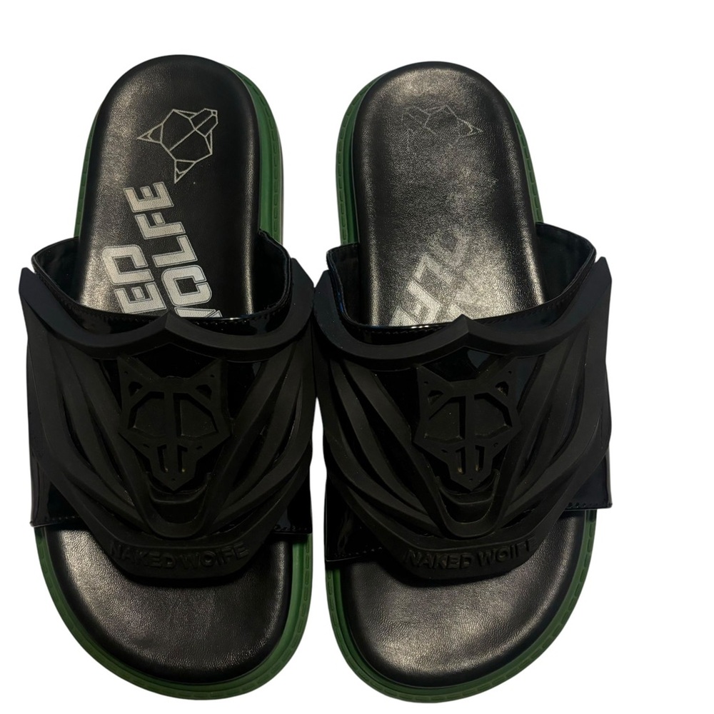 Naked Wolfe Black Green Wolf Head Logo Platform Slides Sandals Men’s 44